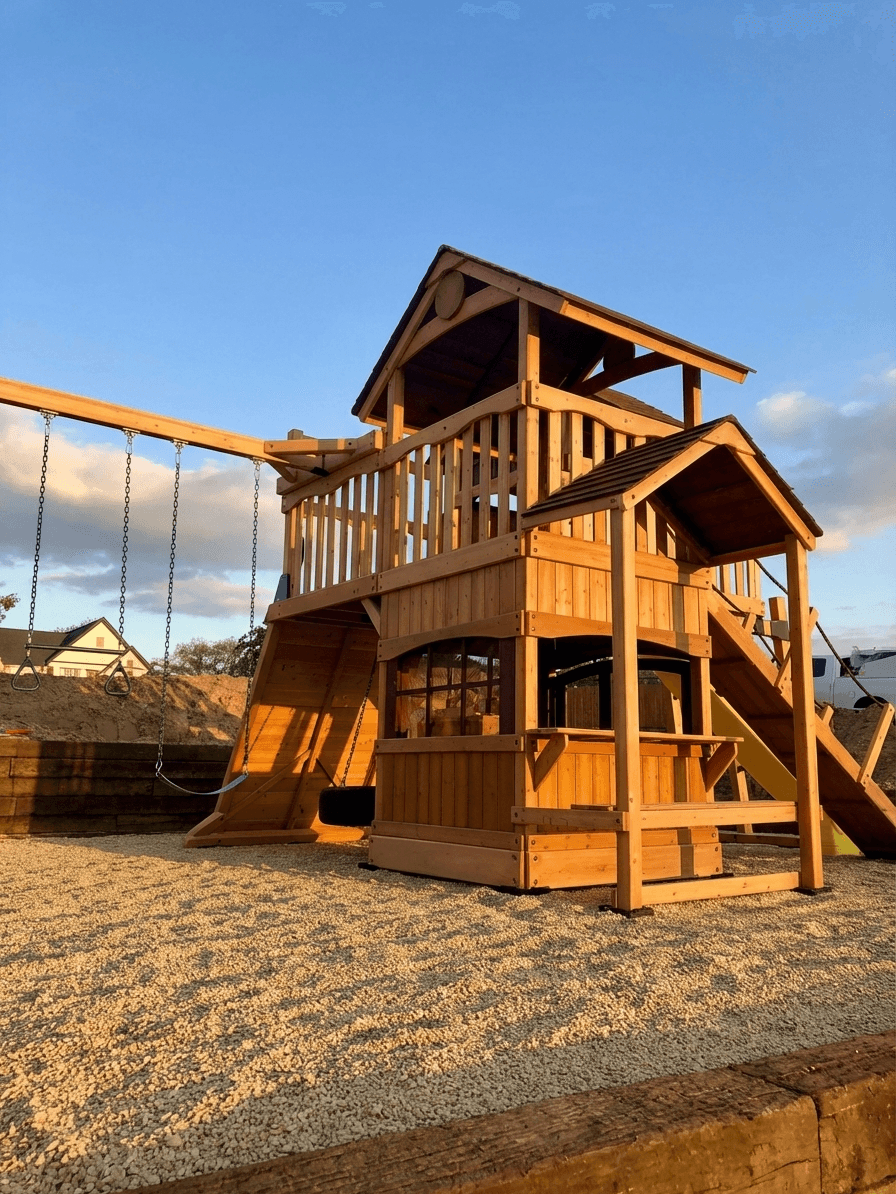 Backyard Adventures wooden playset installed over a custom gravel play area in San Antonio.