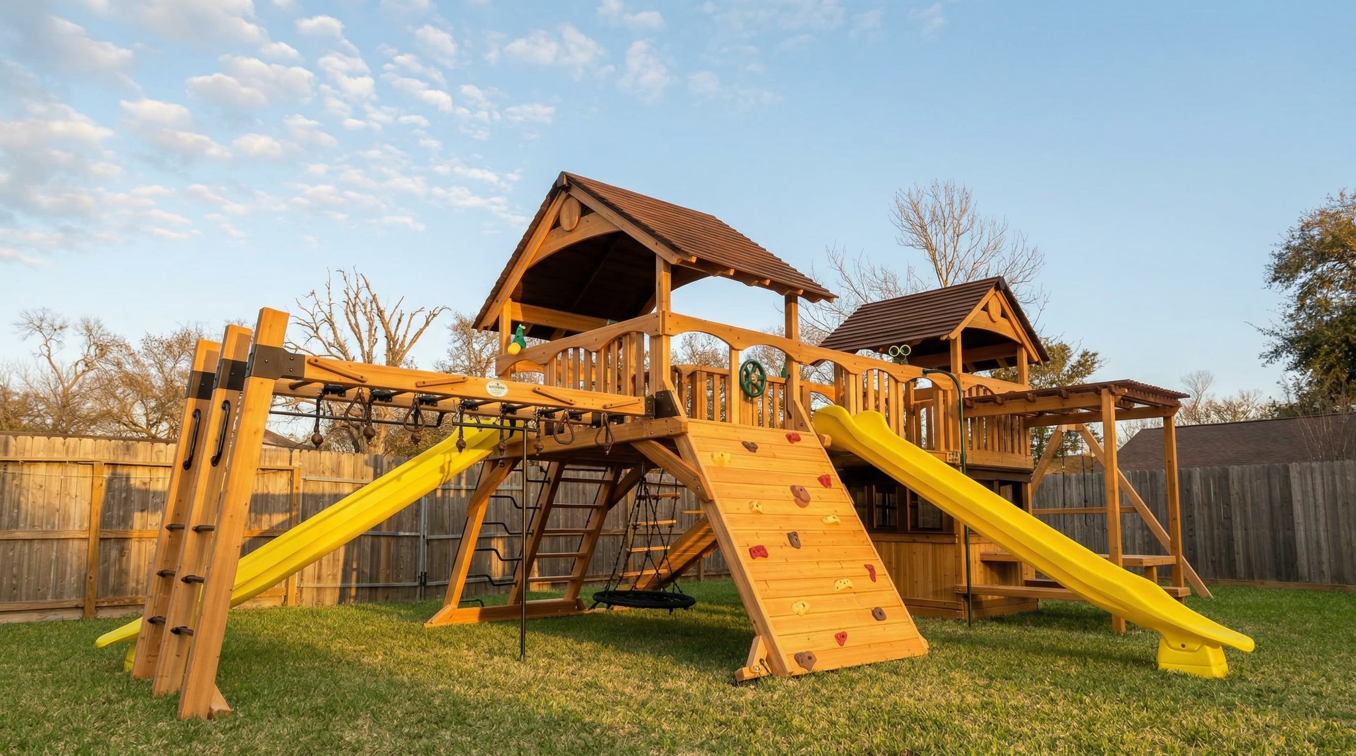 Large premium wooden playset with multiple towers and slides