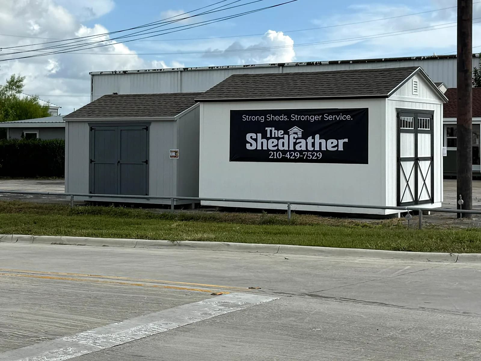 The Shedfather shed display on the Johnny's Backyard San Marcos lot.