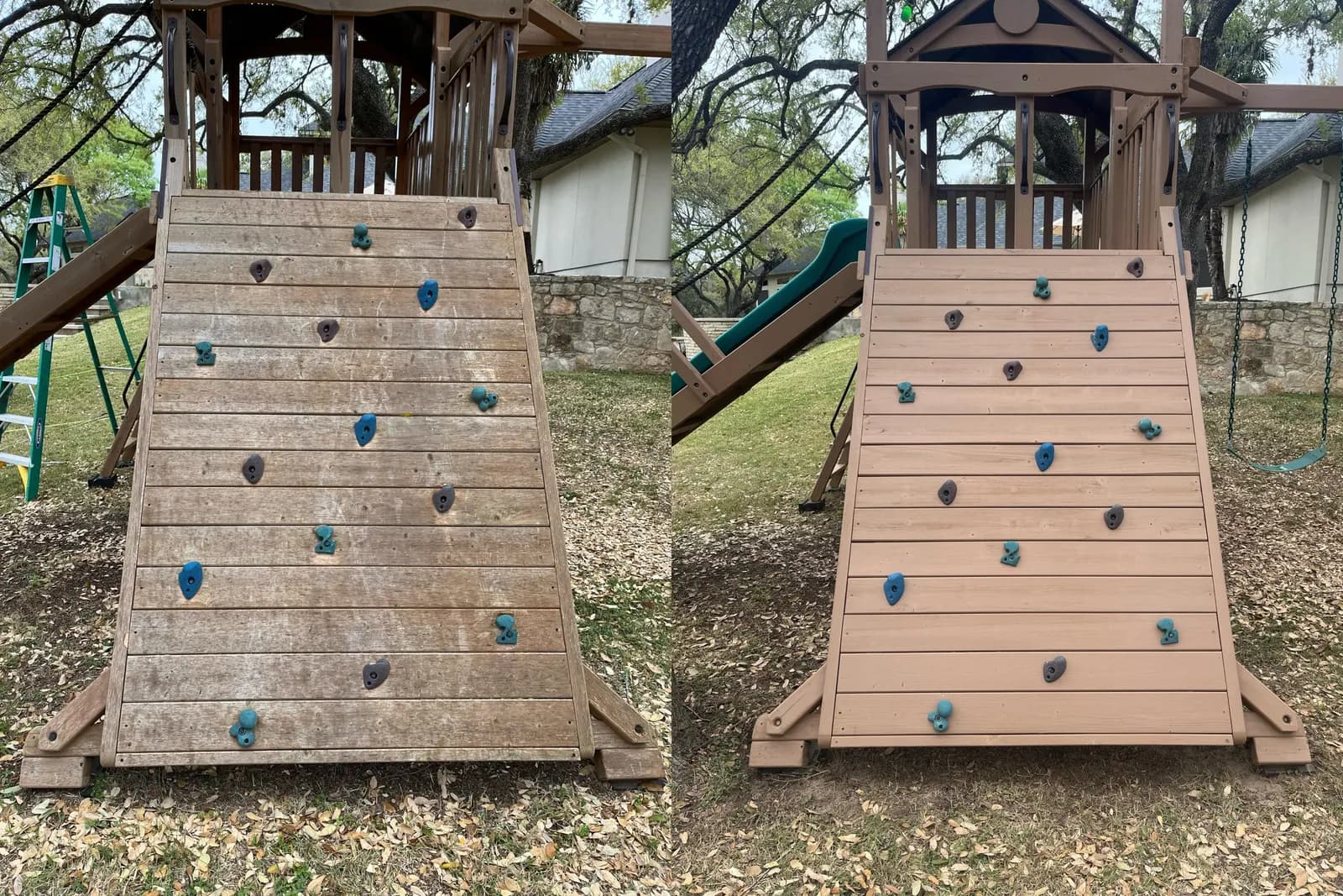 Wooden swing set being evaluated for maintenance and refinishing