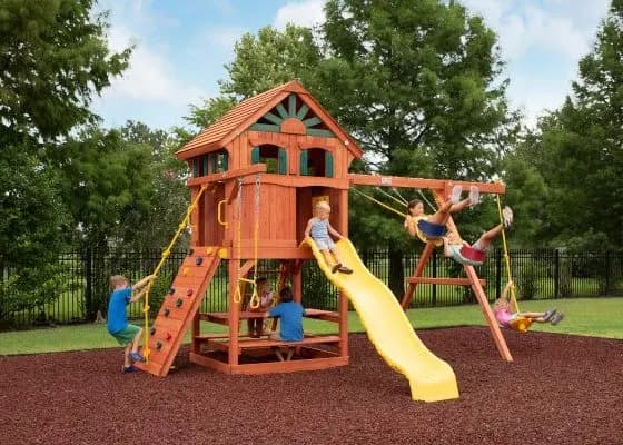 Parrot Island Fort w/ Wood Roof, Treehouse Panels and Yellow Wave Slide