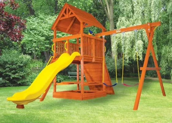 5.8 Bengal Fort – Small Backyard w/ Wood Roof and Yellow Wacky Wave Slide