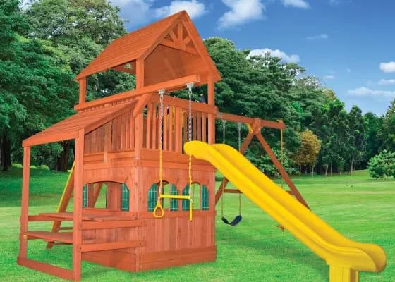 5.8 Bengal Fort w/ Wood Roof, Playhouse Panels, Snack Bar and Yellow DoubleWall Scoop Slide