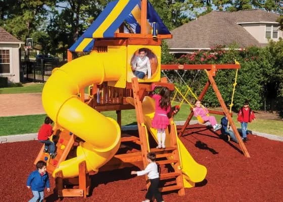 5.8 Bengal Fort w/ BYB Tarp, 4×6 Monkey Bars, Loft, Yellow DoubleWall Scoop Slide and Yellow Deluxe Spiral Slide