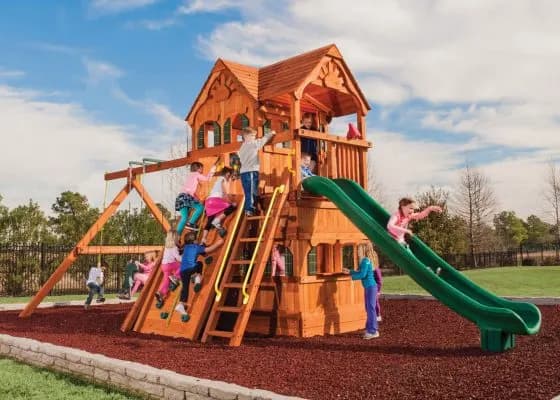 6.5 MegaDeck Fort w/ Wood Roof, Treehouse Panels, Playhouse Panels and Green DoubleWall Scoop Slide
