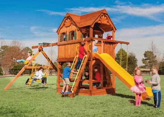 5.8 MegaDeck Fort w/ Wood Roof, Treehouse Panels and Yellow DoubleWall Scoop Slide