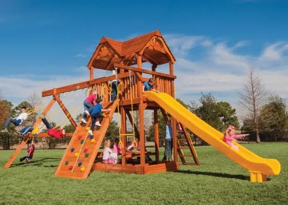 7.0 MegaDeck Fort w/ Wood Roof and Yellow DoubleWall Scoop Slide