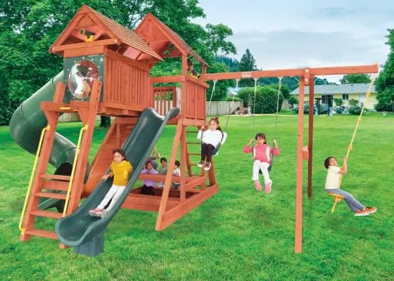 6.5 Bengal Fort w/ Wood Roof, 4×6 Monkey Bars, Loft, Green DoubleWall Scoop Slide and Green Spiral Slide