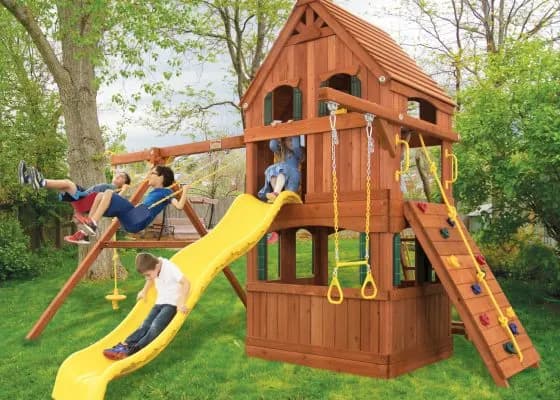 Parrot Island Fort w/ Wood Roof, Treehouse Panels, Playhouse Panels and Yellow Wave Slide