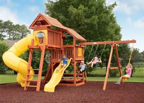 Parrot Island Fort w/ Wood Roof, 4×6 Monkey Bars, Loft, Yellow Wave Slide and Yellow Spiral Slide