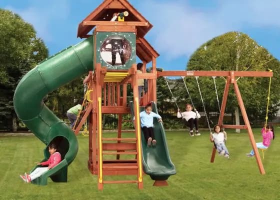 5.8 Bengal Fort w/Wood Roof, 4×6 Monkey Bars, Loft, Green Wacky Wave Slide and Green Spiral Slide