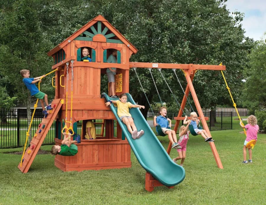 Parrot Island Fort XL w/ Wood Roof, Treehouse Panels, Playhouse Panels and Green Wacky Wave Slide