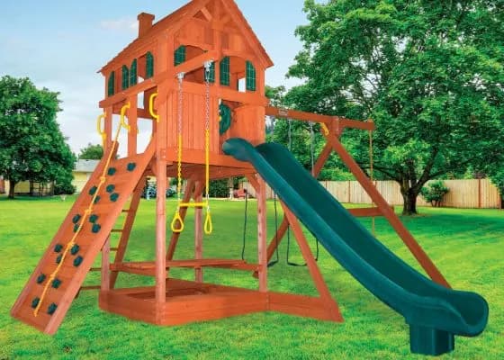 6.5 Bengal Fort w/ Wood Roof, Treehouse Panels, Chimney and Yellow DoubleWall Scoop Slide