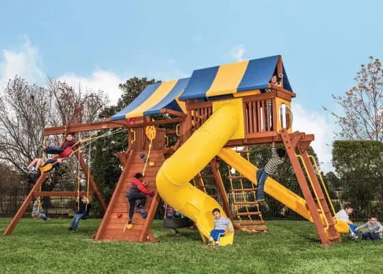 7.4 Jaguar Playcenter w/ BYB Tarp, 4×6 Monkey Bars, Loft, Yellow DoubleWall Scoop Slide and Yellow Spiral Slide