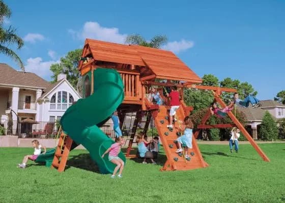 6.5 Jaguar Playcenter w/ Wood Roof, 4×6 Monkey Bars, Loft, Green DoubleWall Scoop Slide and Green Deluxe Spiral Slide