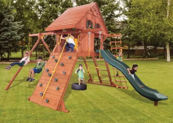 Parrot Island Playcenter XL w/ Wood Roof, Treehouse Panels and Green Wacky Wave Slide