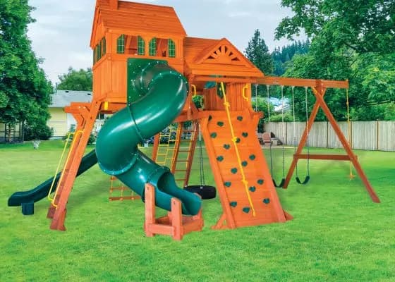 7.4 Jaguar MegaSized Playcenter w/Wood Roof, Dormer, 4×6 Monkey Bars, Cabin, Green DoubleWall Scoop Slide and Green Deluxe Spiral Slide