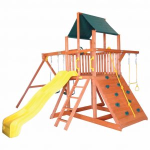 Tree Frogs Orangutan Fort Premium Cedar Wooden Swing Set with Green Tarp and Yellow Wave Slide