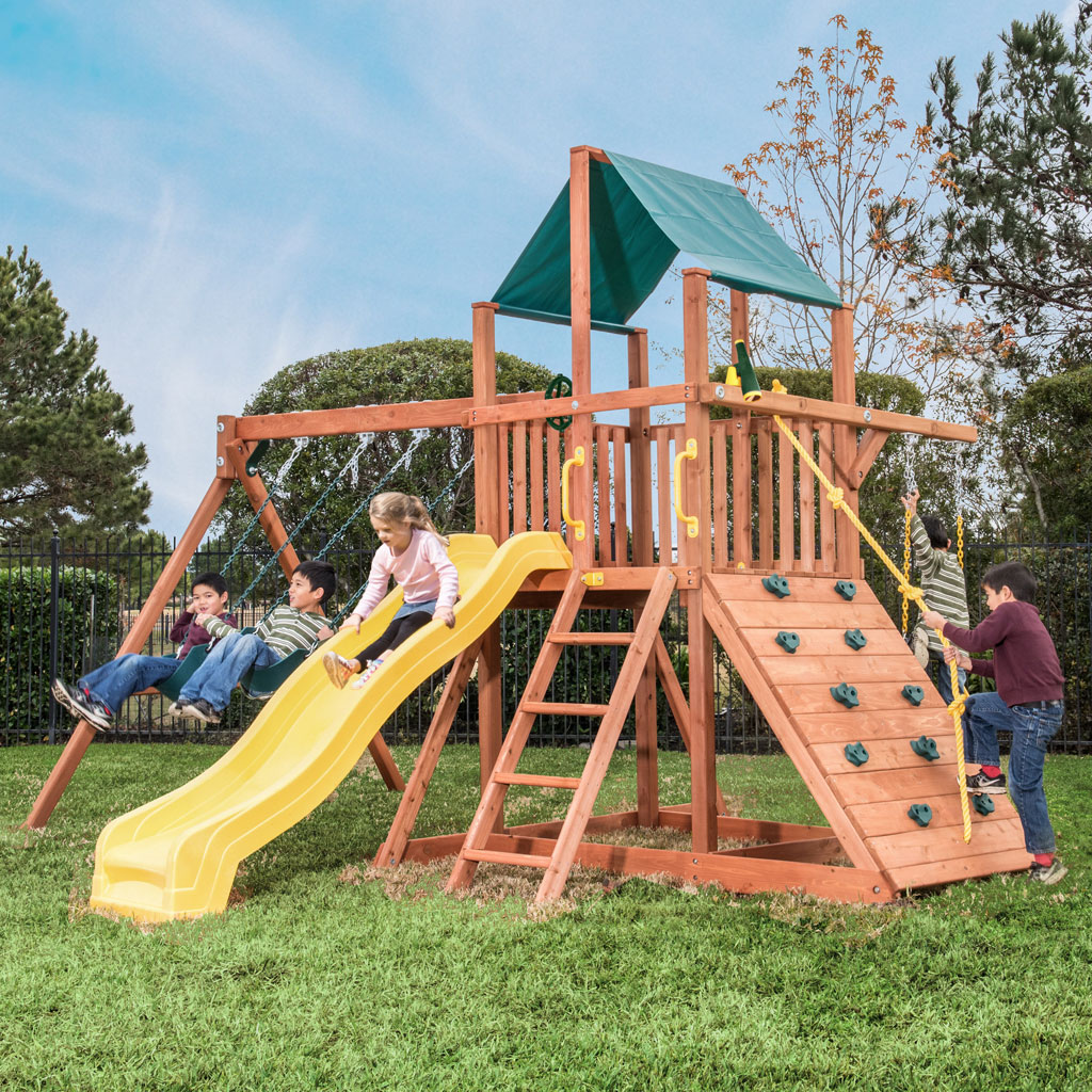Tree Frogs Orangutan Fort Premium Cedar Wooden Swing Set with Green Tarp and Yellow Wave Slide