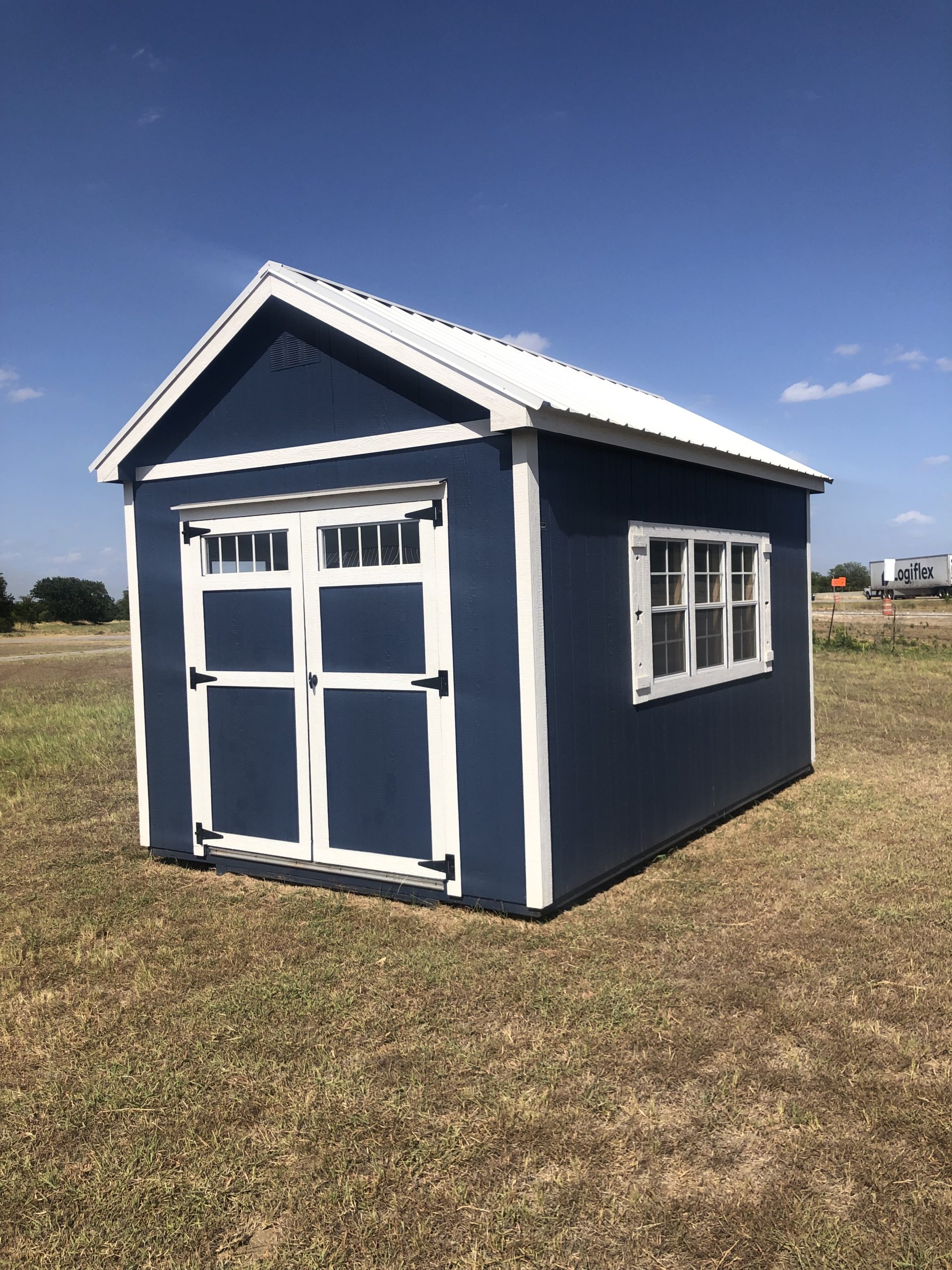 10 x 16 Utility Shed - Navy Blue with White Trim